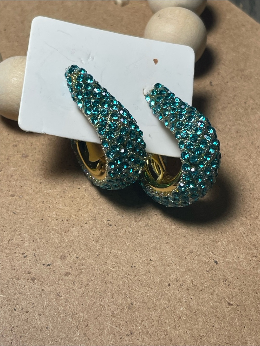 Teal Crystal Pave Curved Hoop Earrings - Gold Accent